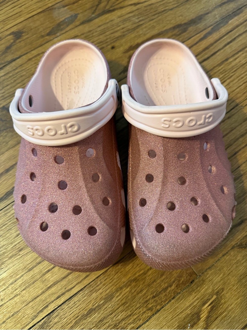 CROCS Kids Glitter Clogs in Rose Pink with Light Pink Strap